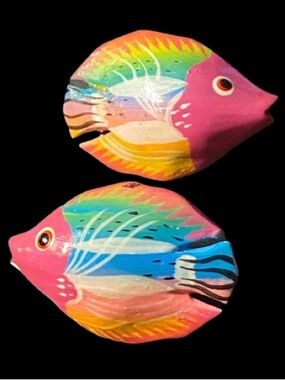 Vintage Colorful Wooden Hand Crafted Earrings Pierced Tropical Fish Design